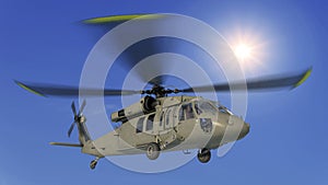 Helicopter in flight, military aircraft, army chopper flying in sky with clouds, bottom view, 3D rendering