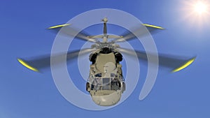 Helicopter in flight, military aircraft, army chopper flying in sky with clouds, front top view, 3D rendering