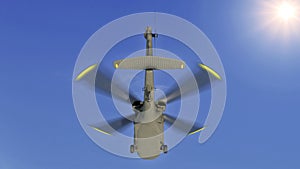 Helicopter in flight, military aircraft, army chopper flying in sky with clouds, rear bottom view, 3D rendering