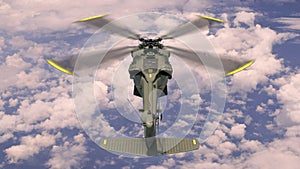 Helicopter in flight, military aircraft, army chopper flying in sky with clouds, rear top view, 3D rendering