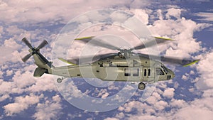 Helicopter in flight, military aircraft, army chopper flying in sky with clouds, side view, 3D rendering