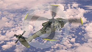 Helicopter in flight, military aircraft, army chopper flying in sky with clouds, top view, 3D rendering