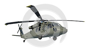 Helicopter in flight, military aircraft, army chopper isolated on white background, bottom view, 3D render