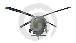 Helicopter in flight, military aircraft, army chopper isolated on white background, front bottom view, 3D render