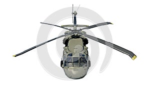 Helicopter in flight, military aircraft, army chopper isolated on white background, front top view, 3D render