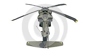 Helicopter in flight, military aircraft, army chopper isolated on white background, rear top view, 3D render