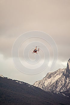 Helicopter flight over the city of Ushuaia. Land of Fire.