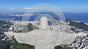 Helicopter flying around Christ the Redeemer at Rio de Janeiro Brazil.