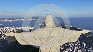 Helicopter flying around Christ the Redeemer at Rio de Janeiro Brazil.
