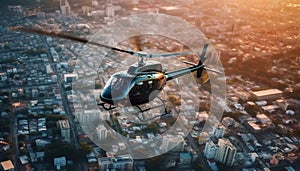 Helicopter flying mid air, propeller spinning, cityscape below, skyscrapers towering generated by AI
