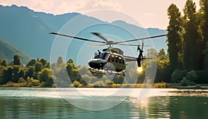 Helicopter flying mid air, propeller spinning, transporting passengers over mountain range generated by AI