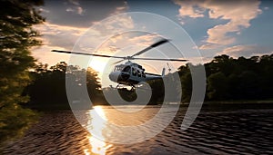 Helicopter flying mid air, propeller spinning, water reflecting, nature blue speed generated by AI