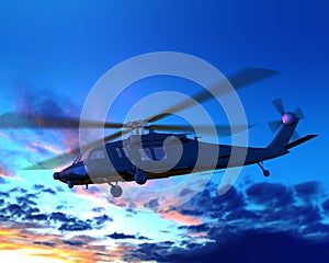 Helicopter flying over clouds sunset