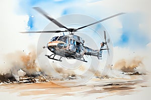 Helicopter flying over desert area with sky background. Generative AI