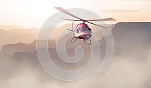 Helicopter flying over Desert Rocky Mountain American Landscape. 3d Rendering Heli.