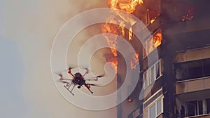 Helicopter Flying Over Fire in Front of Building