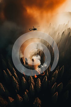 A helicopter flying over a forest filled with smoke. Generative AI image.