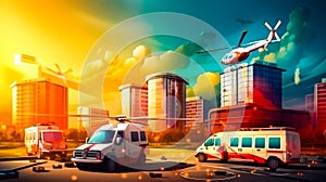 Helicopter is flying over hospital and ambulances are parked in front of it. Generative AI