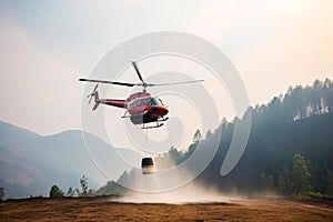 Helicopter flying over the mountain at sunset. Helicopter rescue service. Generative AI