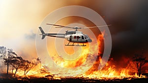 A helicopter flying over a wildfire with smoke, AI