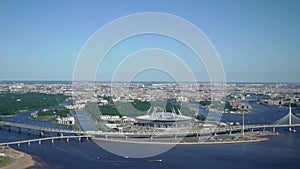 Helicopter flying over Zenit arena stadium in Saint-Petersburg