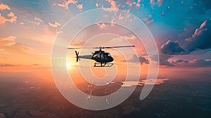 Helicopter flying at sunset, aerial view of a scenic sky. Adventure and travel concept, helicopter transportation in
