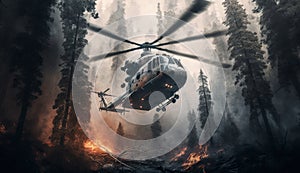 Helicopter in the forest. Fire in the forest. Generative AI