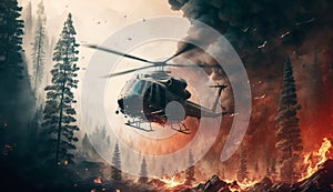 helicopter in the forest with fire and smoke. Generative AI