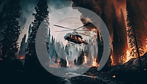 helicopter in the forest with fire and smoke. Generative AI
