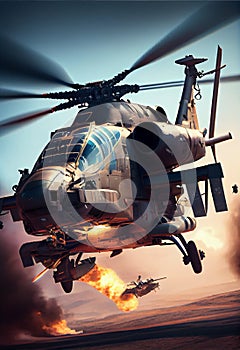 Helicopter Gunship Unleashing Missile attack. Military helicopter photo