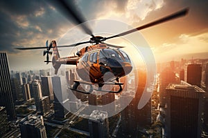 Helicopter hovering against a backdrop of