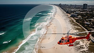 Helicopter hovering mid air above coastline, water and nature landscape generated by AI