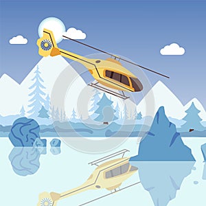 Helicopter hovering over frozen lake, winter landscape, vector illustration