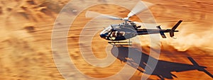 Helicopter hovering over sand in desert landscape. Blurred motion.