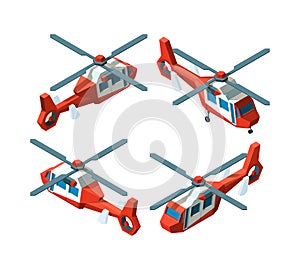 Helicopter isometric. Low poly avia transport different point views vector collection