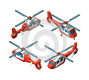 Helicopter isometric. Low poly avia transport different point views vector collection photo