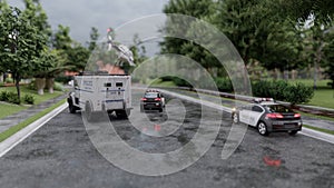 A helicopter with journalists or investigators flew in to investigate a recent crime. Scene with police vehicles parked