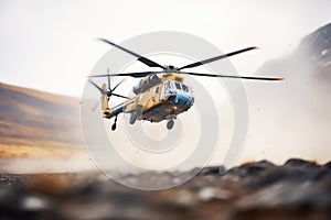 helicopter landing on mountain clearing, rotors spinning