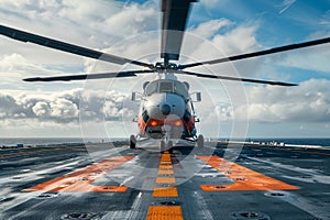 Helicopter landing on a naval carrier with precision and skill