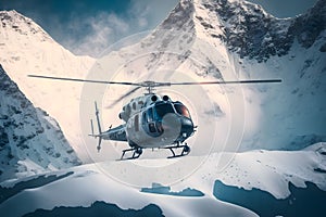 Helicopter landing on snow mountain in glacier. The helicopter service and emergency rescue. Generative AI