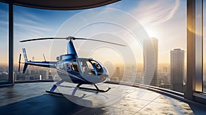 Helicopter lands on rooftop of skyscraper. Helicopter site in sun's sunset. Blue glass skyscrapers with reflection