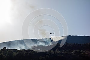 Helicopter launching water during a forest fire