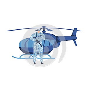 Helicopter man military, fly air, isolated on white, flight conveyance pilot, design, cartoon style vector illustration.