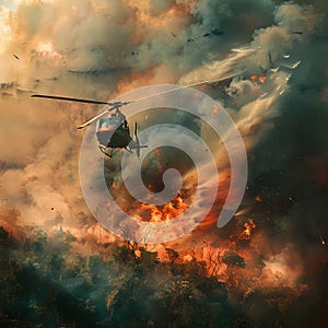 Helicopter Over Fiery Wildfire Scene AI Generative