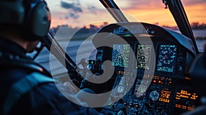 Helicopter Pilot Sunset Flight Cockpit View