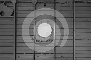 Helicopter porthole inside view. Window illuminator of multi-purpose transport heli Mi26