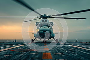 Helicopter preparing for takeoff on helipad with dynamic skies at dusk