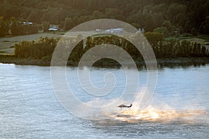 Helicopter rescue training operation on the Columbia river, Oregon.