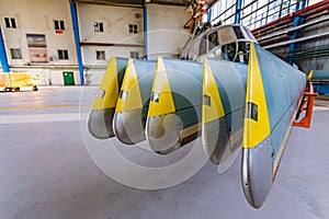 Helicopter rotor blades in hangar