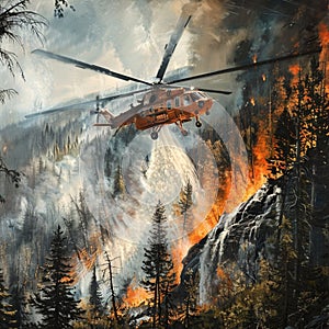 Helicopter with rotorcraft hovering above the wildfire in the forest